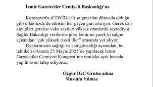 İZMİRLİ GAZETECİLERİN "SAĞLIĞINI KORUYARAK" SEÇİM YAPMA HAKKI VARDIR! İGC'NİN 25 MAYIS'TAKİ KONGRESİ AÇIK HAVA OLANAKLARINA SAHİP BİR TESİSTE YAPILMALIDIR!