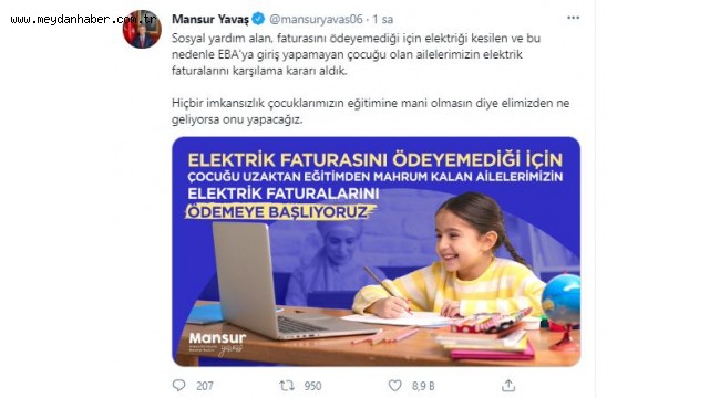 MANSUR YAVAŞ'TAN EBA KULLANAN ÇOCUKLARA MÜJDE: SOSYAL YARDIM ALAN AİLELERDEN HATTI KAPANANLARIN ELEKTRİK FATURALARI ÖDENECEK