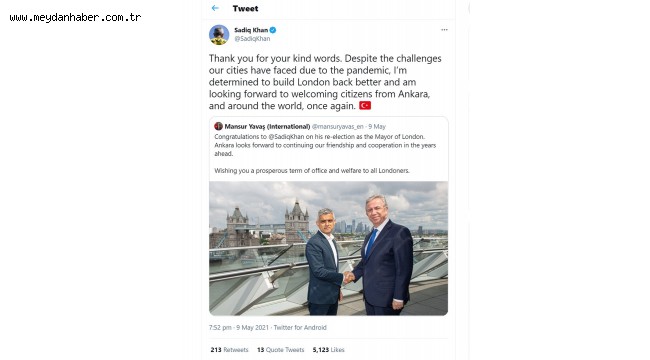MANSUR YAVAŞ'TAN YENİDEN LONDRA BELEDİYE BAŞKANI SEÇİLEN SADIQ KHAN'A TEBRİK MESAJI