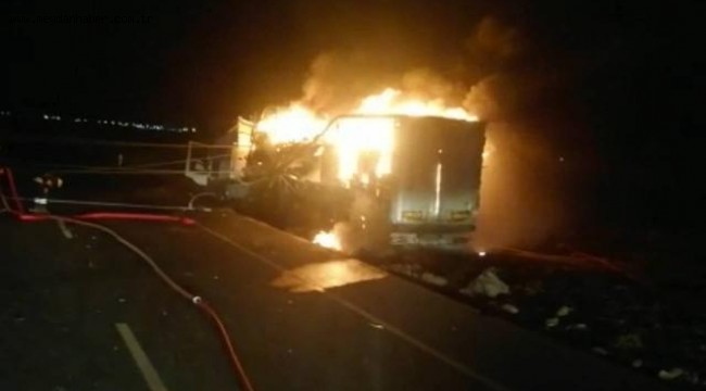 Elektrik trafosuna çarpan tırda yangın çıktı