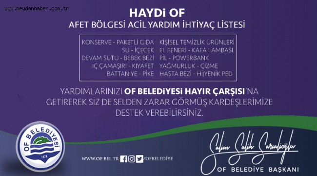 Of Belediyesinden Afet Bölgelerine Destek