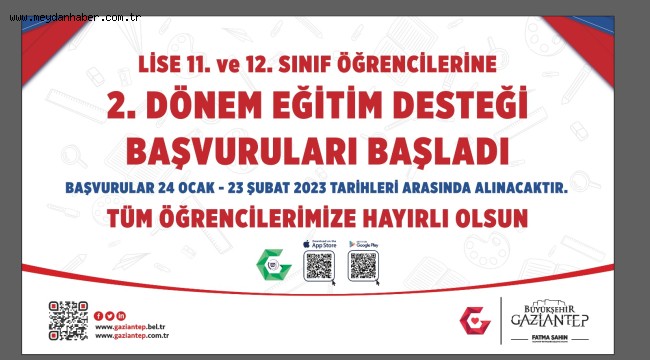 GAZİANTEP BÜYÜKŞEHİR'DEN 11 ve 12'NCİ SINIFLARA 1200 TL EĞİTİM DESTEĞİNİN İKİNCİ DÖNEM BAŞVURULARI BAŞLADI